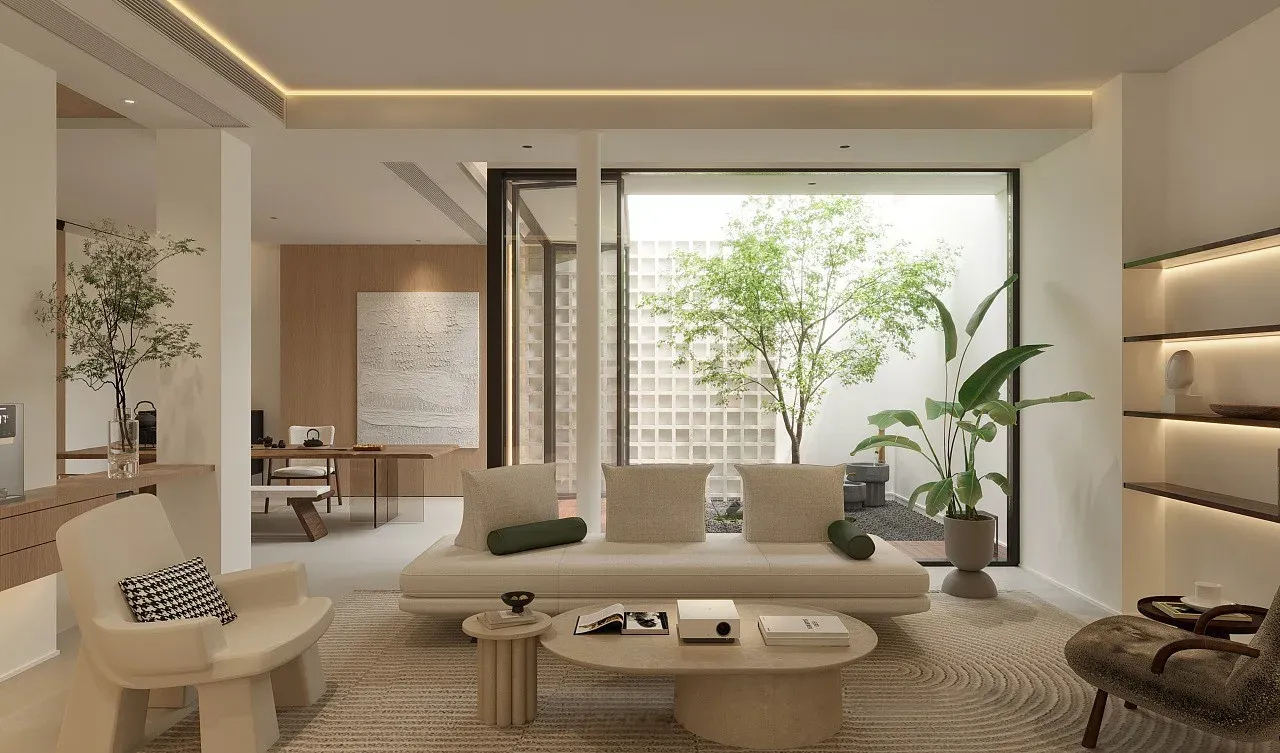 Ruang keluarga modern dengan furniture terkurasi