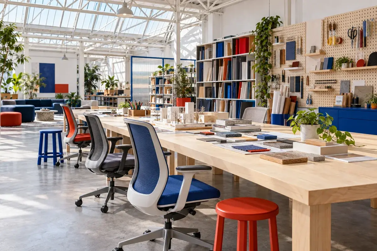 Studio produktif dengan meja kerja panjang dan kursi ergonomis