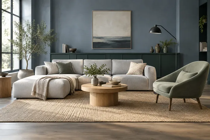 Living room modern dengan furniture bernuansa netral
