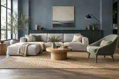 Living room modern dengan furniture bernuansa netral